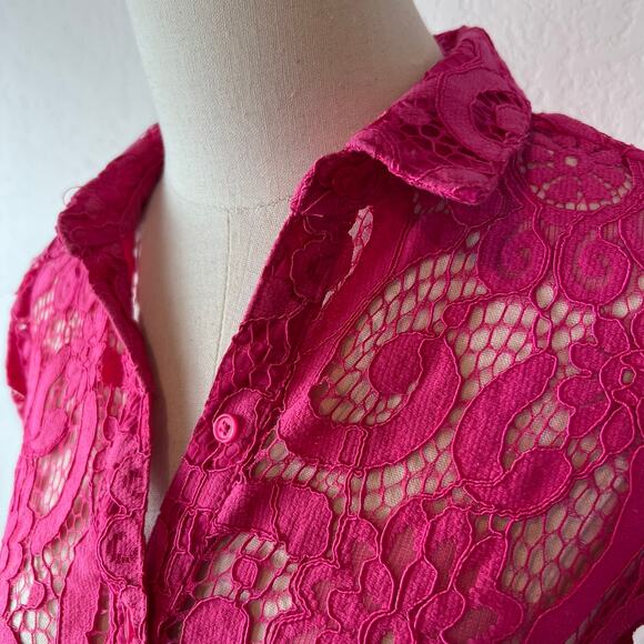 Saks Fifth Avenue Lace Button Up Collared Shirt Sheer 3/4 Sleeve Small Pink - Picture 5 of 13